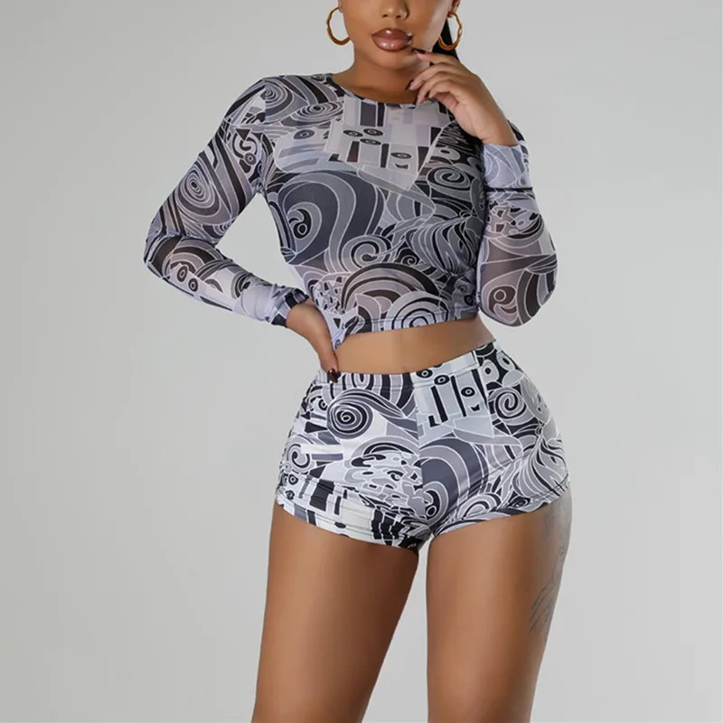 

Women Fashion Explosive Street Two Piece Outfits 2025 New Hot Girl Casual Shorts Set Trendy Cool Long Sleeve Tops And Shorts