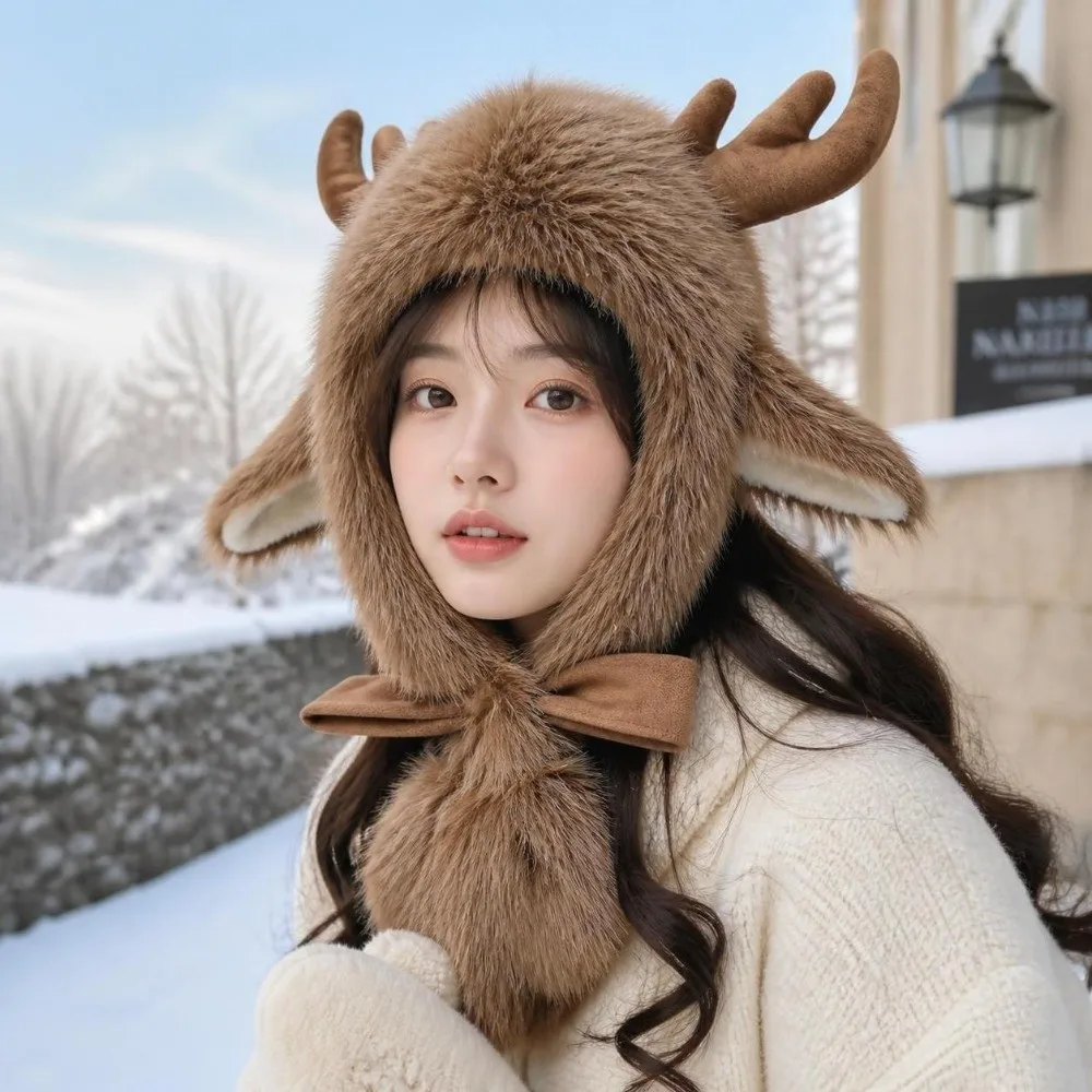 Warm Reindeer Antler Hat Fluffy Texture Adjustable Straps Christmas Elk Hat Lightweight Thermal Windproof Ear Protection Cap