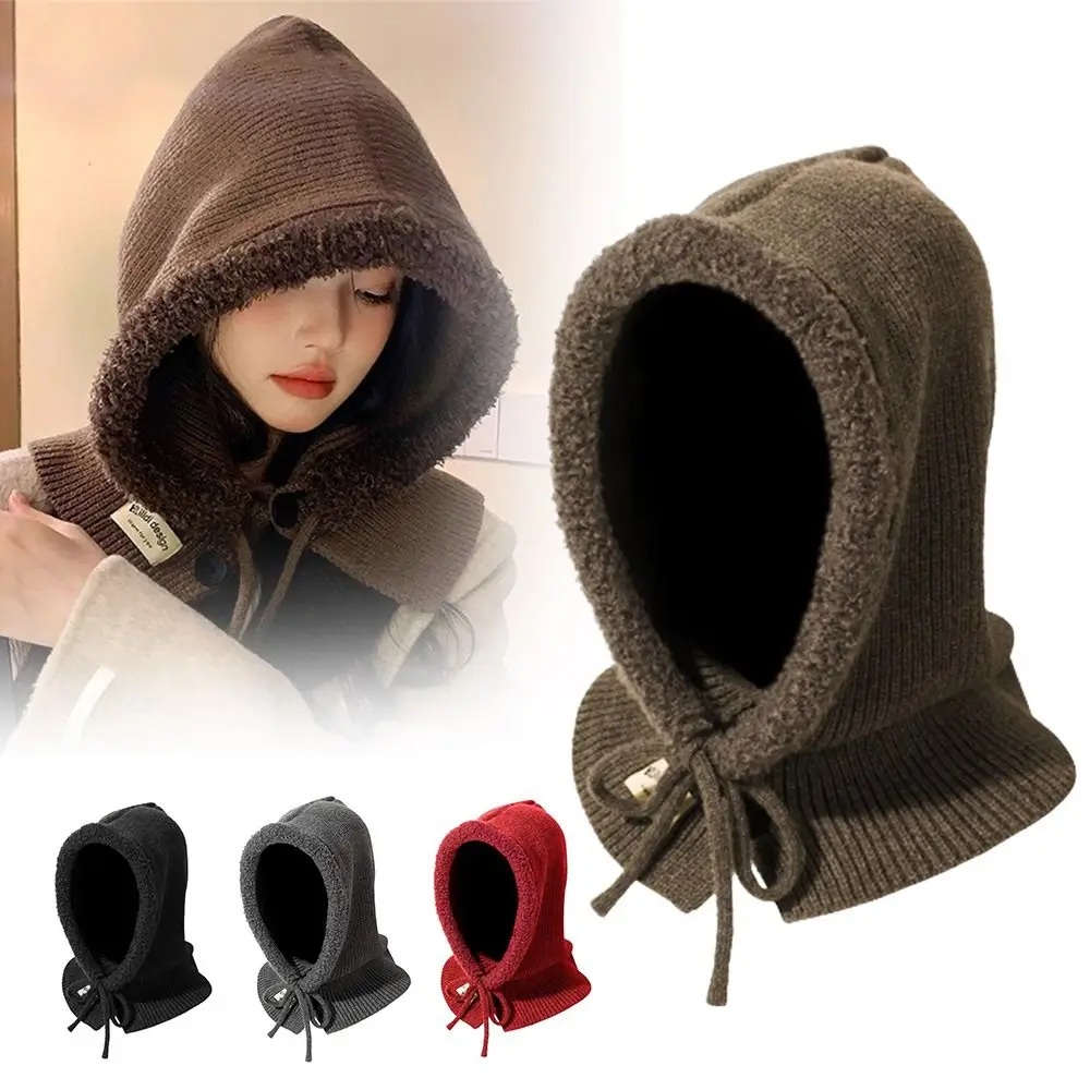 

New Balaclava Hat Neck Protection Warm Hood Scarf Button Design Windproof Lace-up Hat Autumn Winter