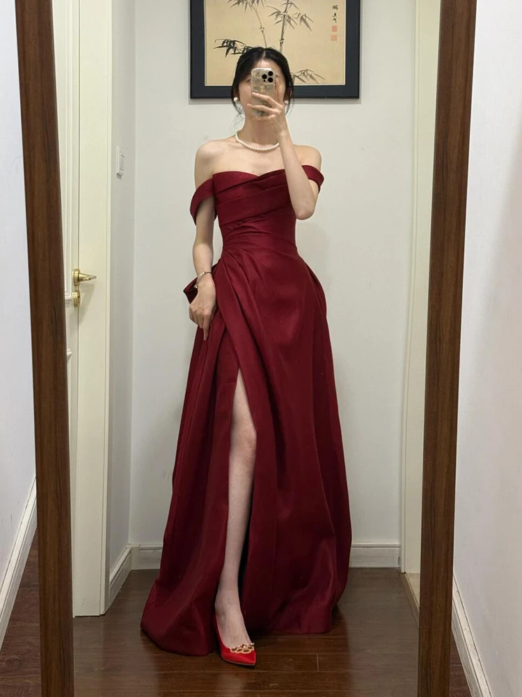 

Красное атласное вечернее платье на одно плечо для женщин, роскошное свадебное платье для подружек невесты, коктейльное платье, длинное вечернее платье