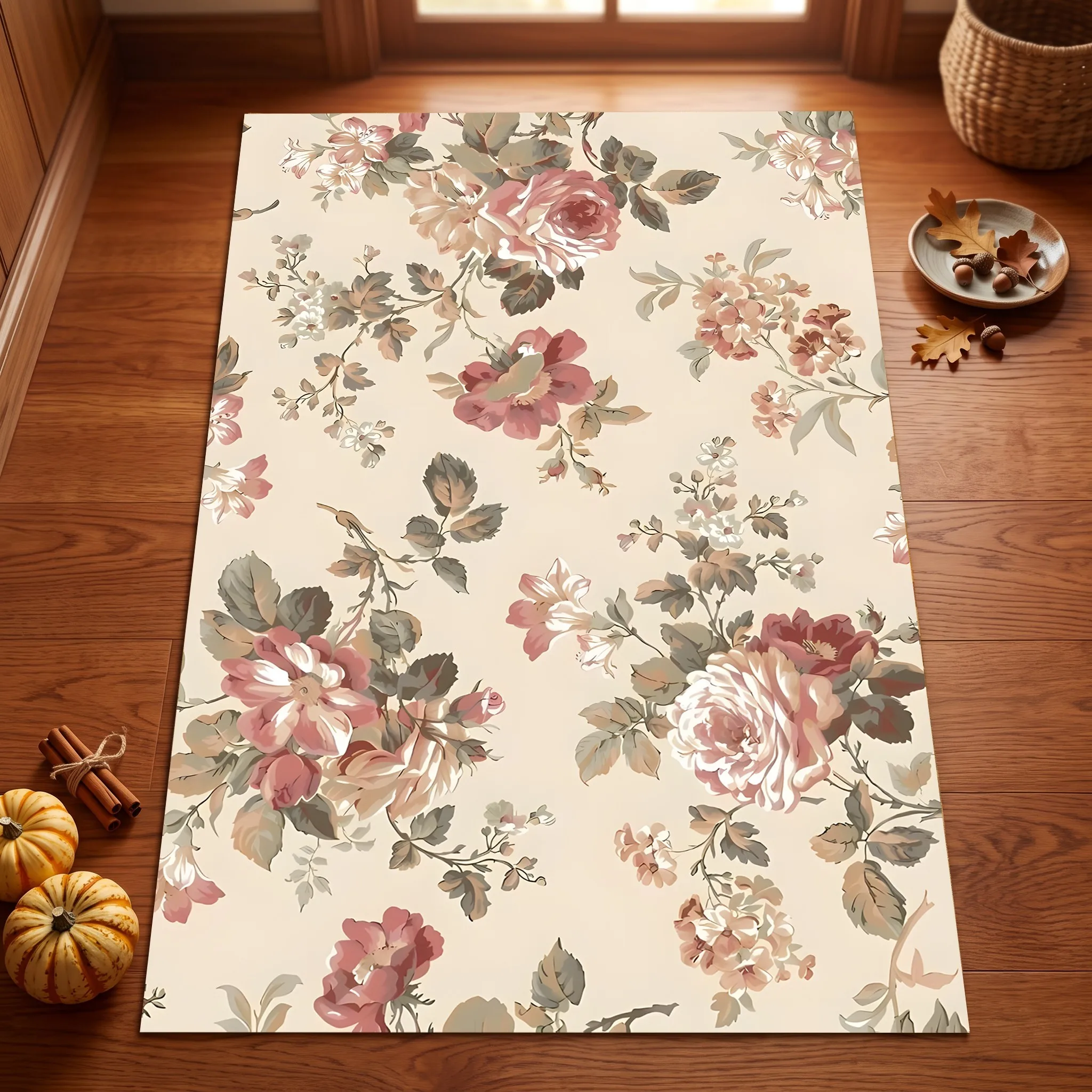 2D Vintage Watercolor Rose Floral Rug French Country Style Living Room Bedroom Whole House Home Decor