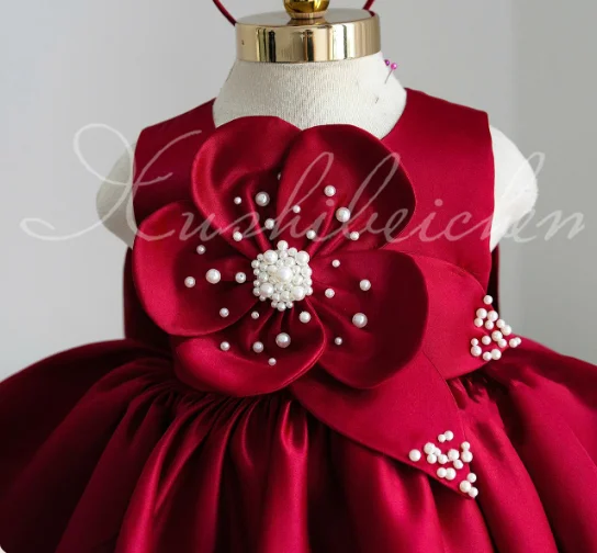 New Girls Satin Birthday Party Princess ball Gown Children Cute Bow Design Host Dress y1813