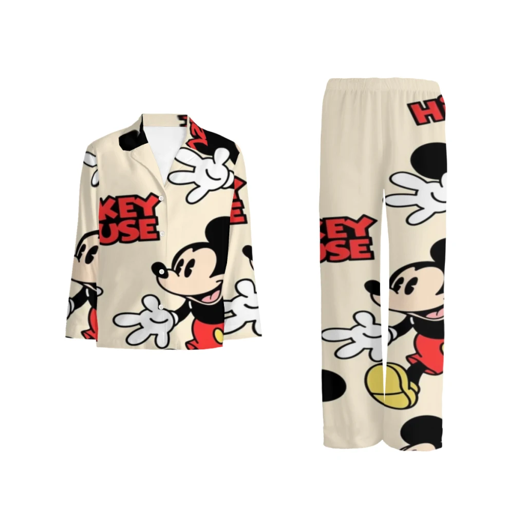 

Disney Mickey Mouse Printed pajama set, casual and comfortable buttoned long sleeve top and elastic waistband pants