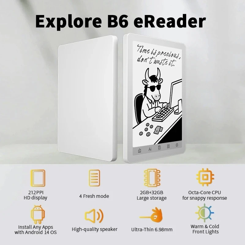 B6 6'' E-Ink Ebook Reader, 36-Level Adjustable Front Light Eye-Friendly E-Reader, Android 14, 2GB+32GB / 4GB+64G Optional