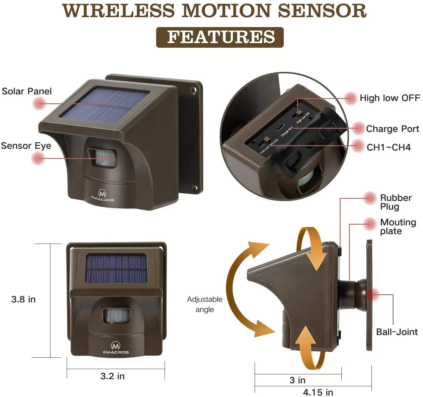 eMACROS Long Range Solar Perimeter Driveway Outdoor Weather Resistant Motion Sensor Detector