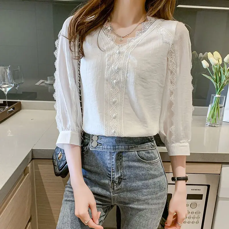 Women Summer Lace Patchwork Elegant Chic White Blouse Korean Fashion V Neck 3/4 Sleeve Casual Shirts Female Chiffon Tops Blusas