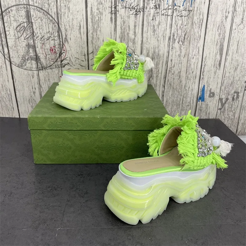 Summer Women Slippers Outdoor Slides High Heels Platforms Crystal Decor Special Design Luxury Designer Brand 2024 Fashion Green