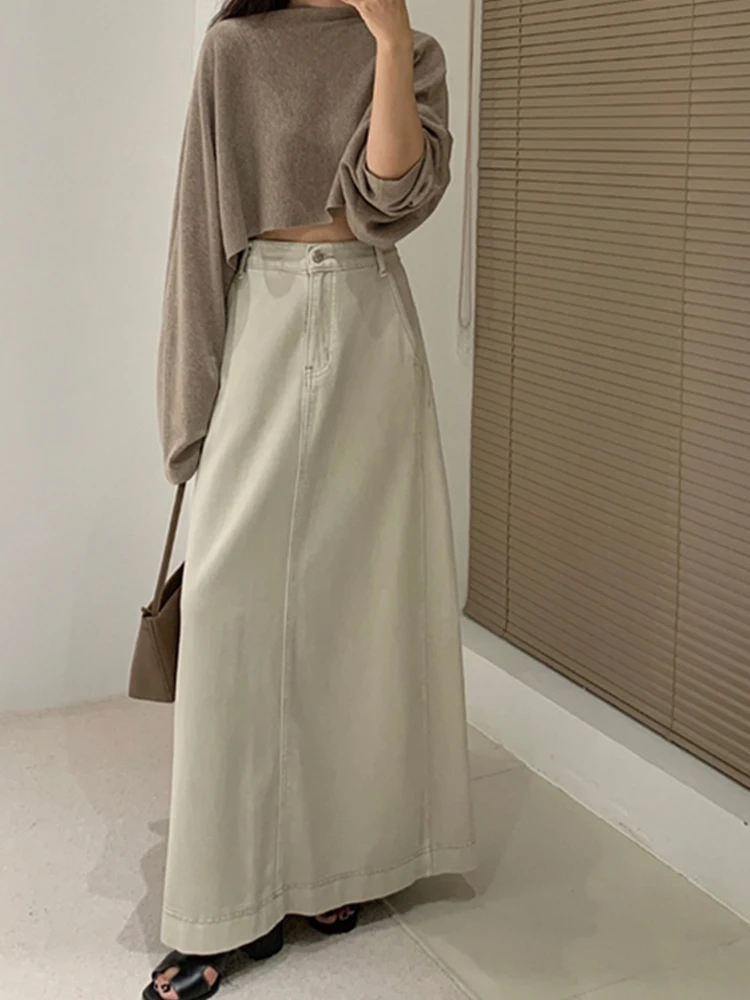 Basic Versatile High Waist  Color Denim Skirt for Women Fashionable A-Line Midi Skirt Spring Autumn Wear Cotton 100%