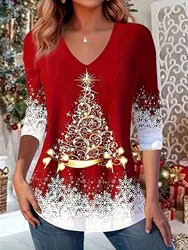 Lady Christmas V-neck Christmas Printed Long Sleeved T-shirt