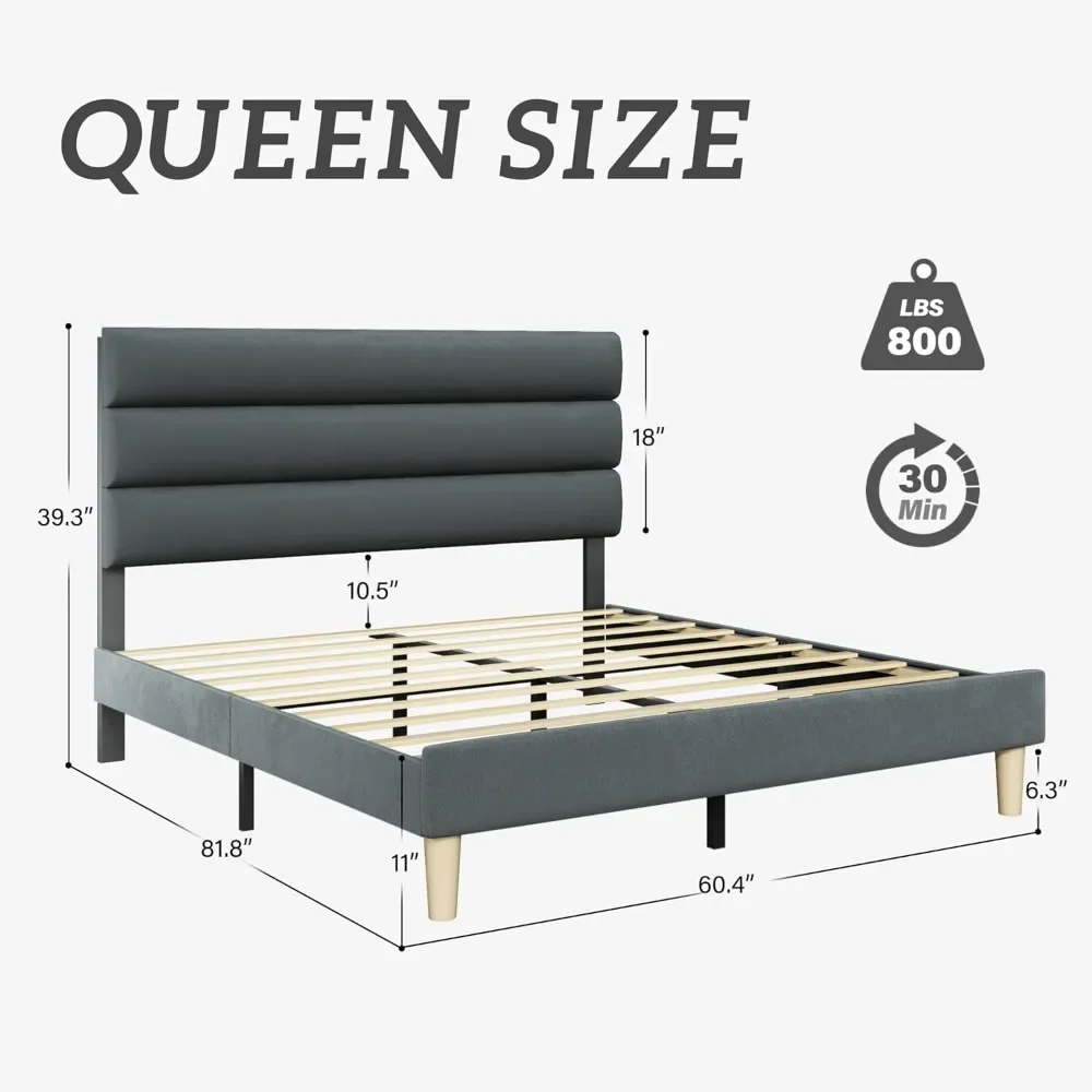 Bed Frame, Platform Bed Frame with Velvet Upholstered Headboard, No Box Spring Needed, Sturdy Metal Support, Noise Free image 2