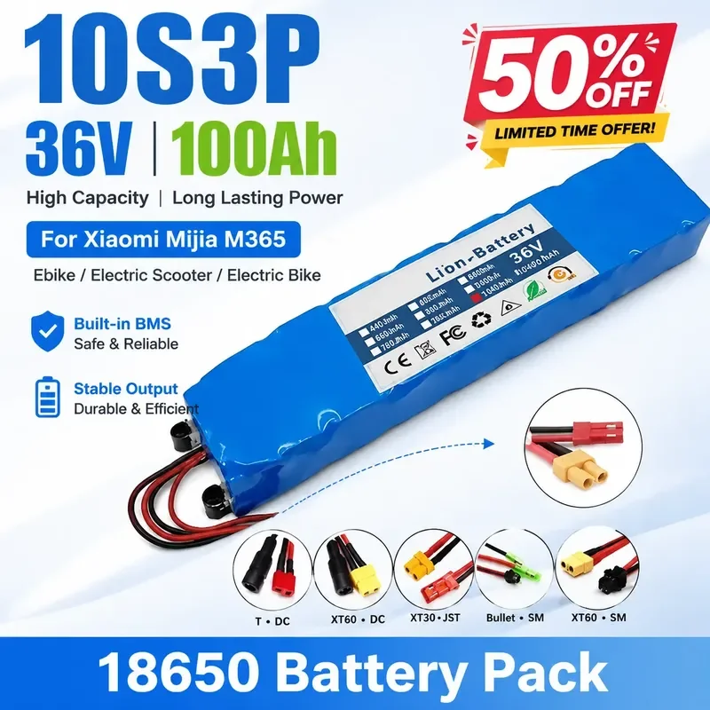 36V 100Ah 10S3P 18650 Battery Pack for Xiaomi Mijia M365 Ebike Electric Scooter Electric Bike Rechargeable Power Battery BMS