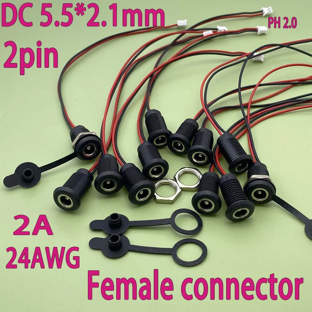 1-10 pcs DC 5.5*2.1mm 2A 24AWG Socket DC Power Supply Jack Socket Plug Female Panel Mount Connector 5.5mm 2.1mm ph2.0 Adapter