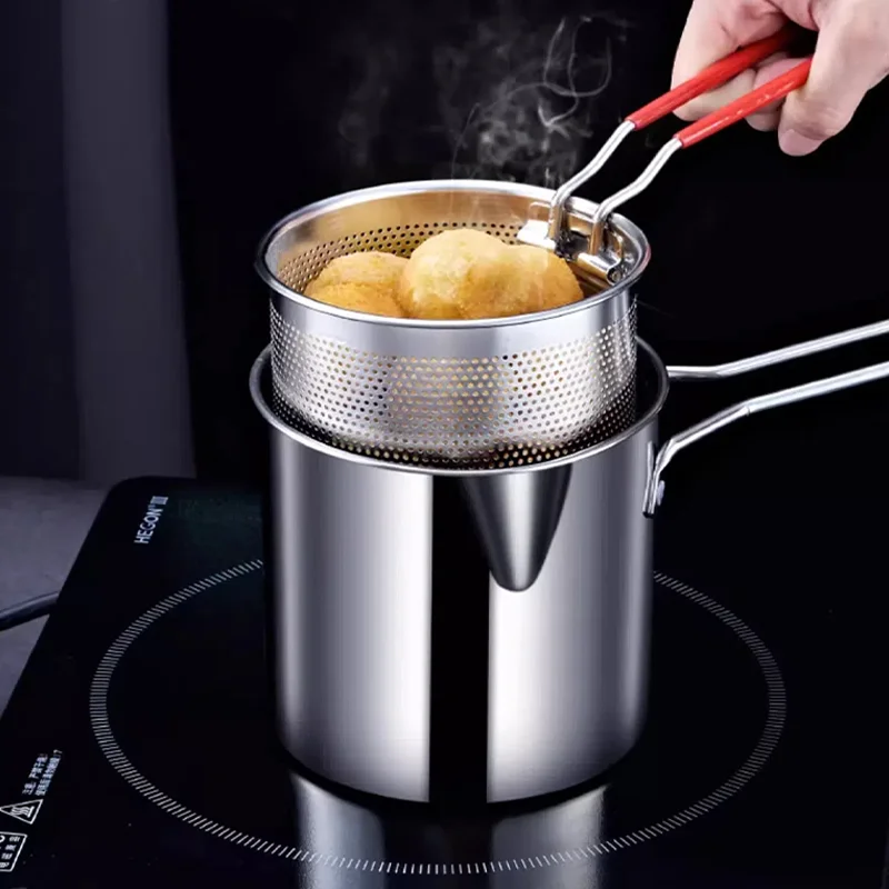 Mini-Fritteuse aus Edelstahl, ölsparend, spritzwassergeschützt, für die Küche zu Hause, Pommes Frites, Huhn, Kochen, Bratpfanne, Kochgeschirr