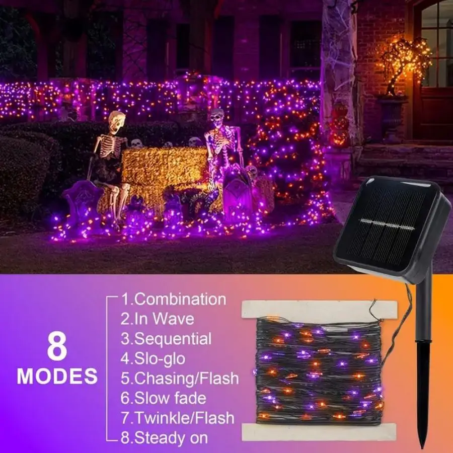 1pc Solar Orange & Purple Halloween Lights, 39.37ft 120 LED, Purple Solar Halloween Lights 8 Modes, Outdoor Twinkle Fairy Lights