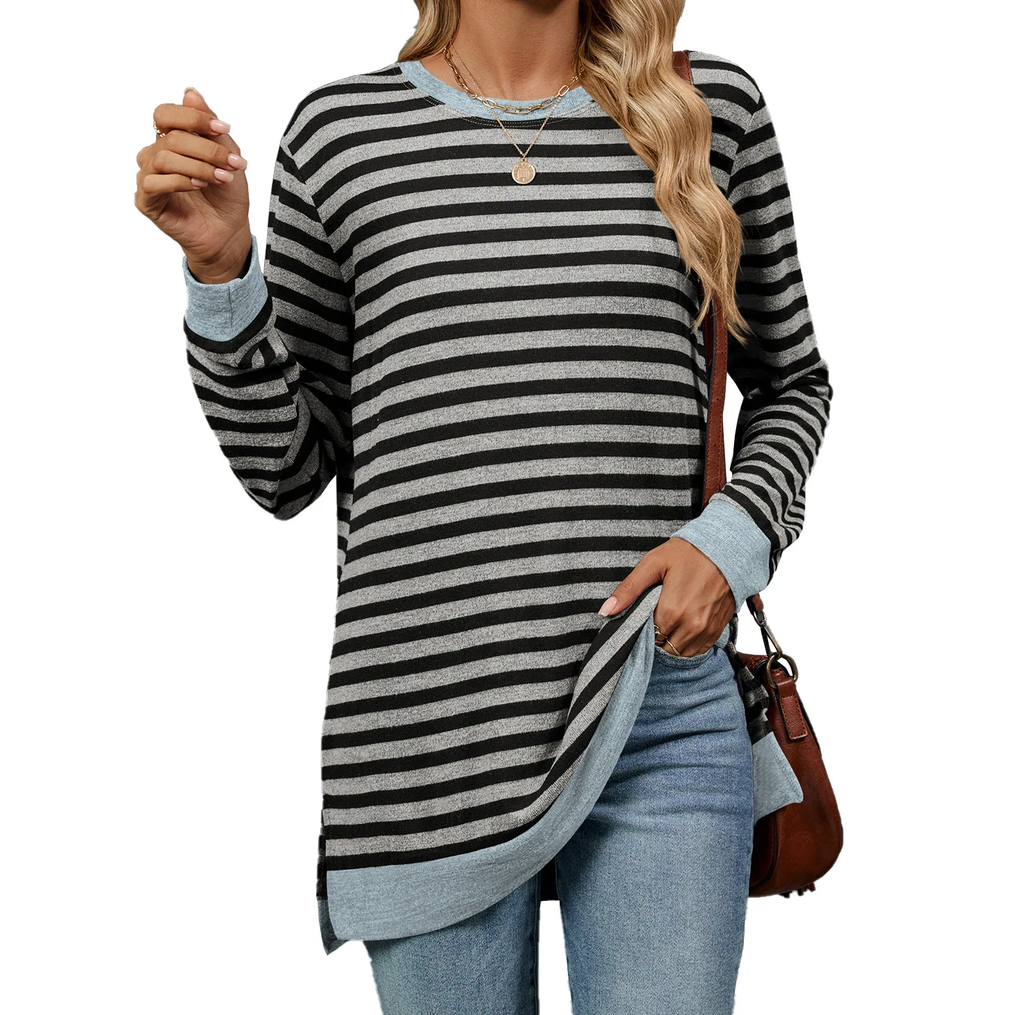 2025 Spring Autumn Women's Stripes T-shirt Loose Fashion Headband Contrasting O-Neck Long Sleeve Top for Female