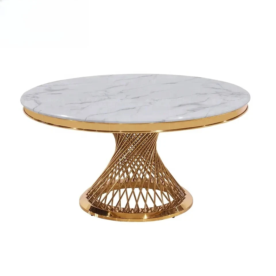-For Luxury Mirror Glass Top Golden Table Two Nest Base Event Stainless Steel Round Dining Table for Wedding&