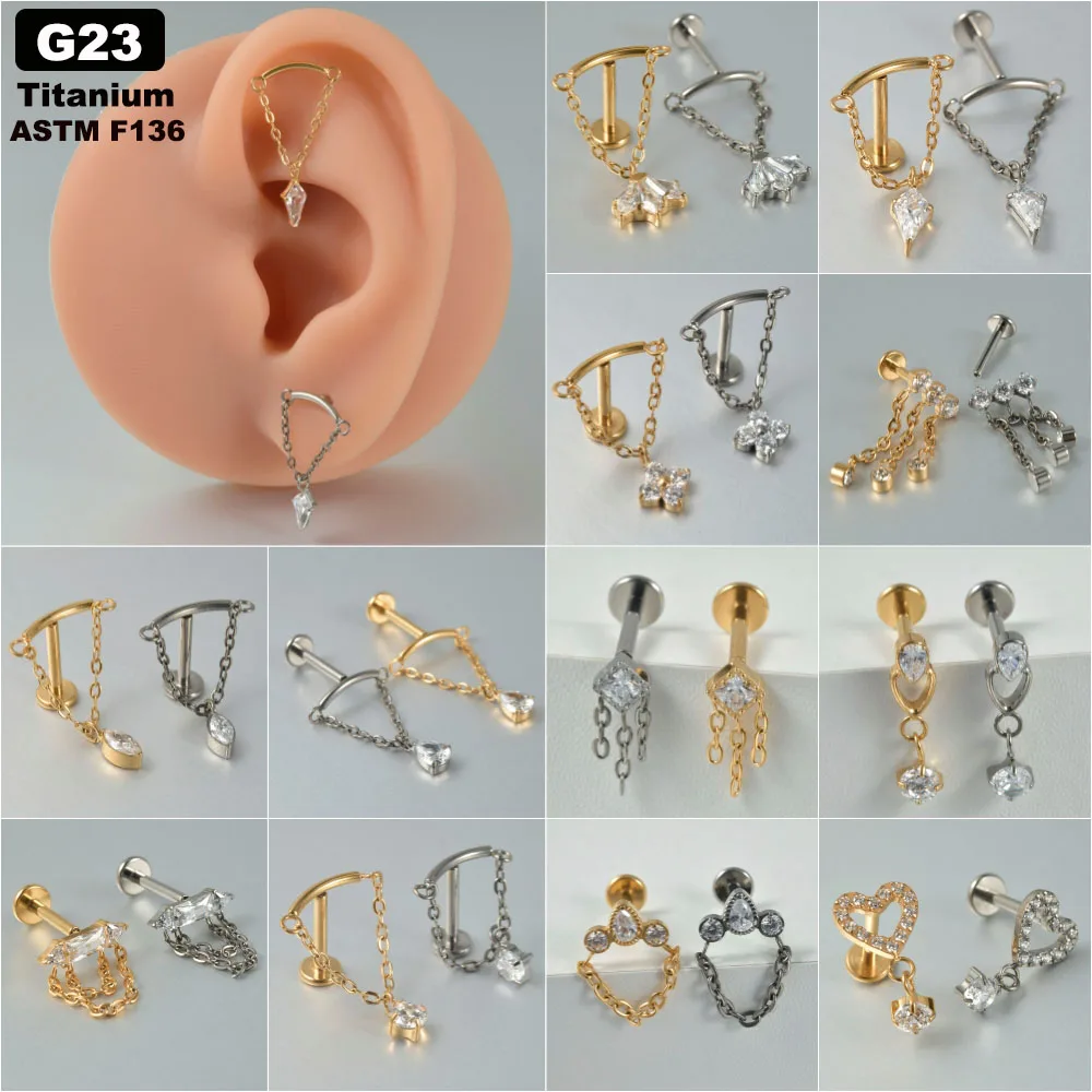 1PC G23 tytanowe minimalistyczne zwisające kolczyki na chrząstkę stadniny 16G gwint wewnętrzny cyrkon Helix ucho przekłucie tragus biżuteria