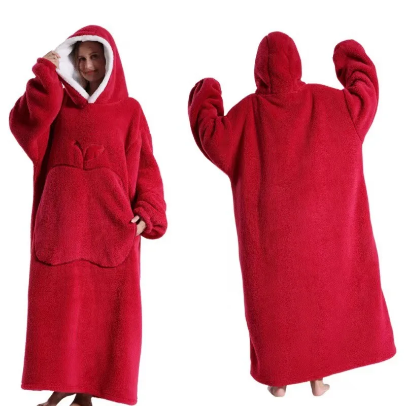 Extra Long Wearable Blankets Winter Flannel Hooded Blanket with Full Sleeves Men Women Cozy Soft Throw Adult TV Blanket
