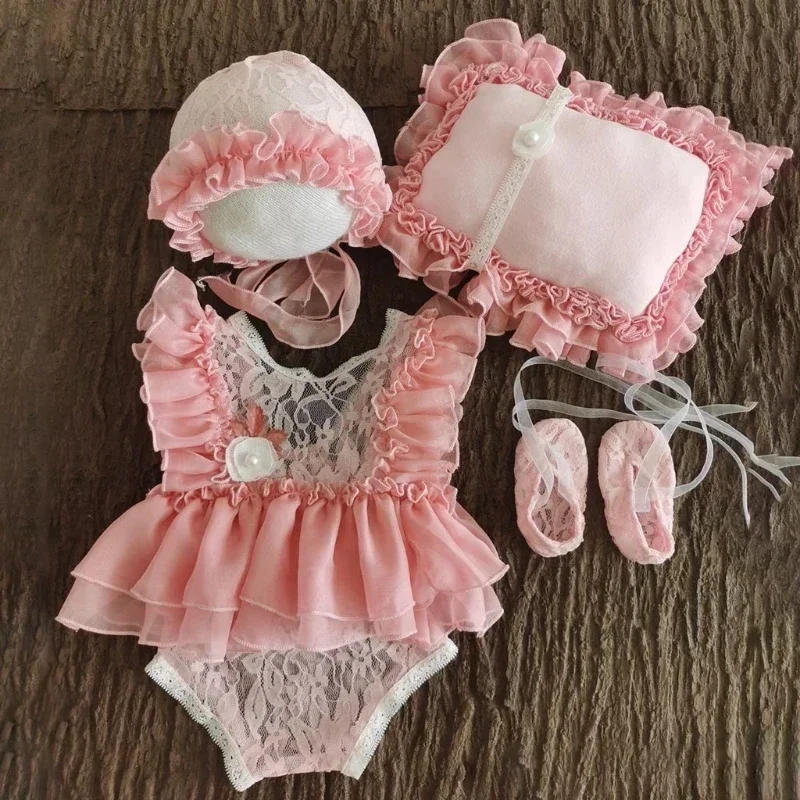 

5Pcs Baby Lace Dress+Hat+Pillow+Shorts+Shoes Set Infants Photo Shooting Costume Outfits Newborn Photography Props