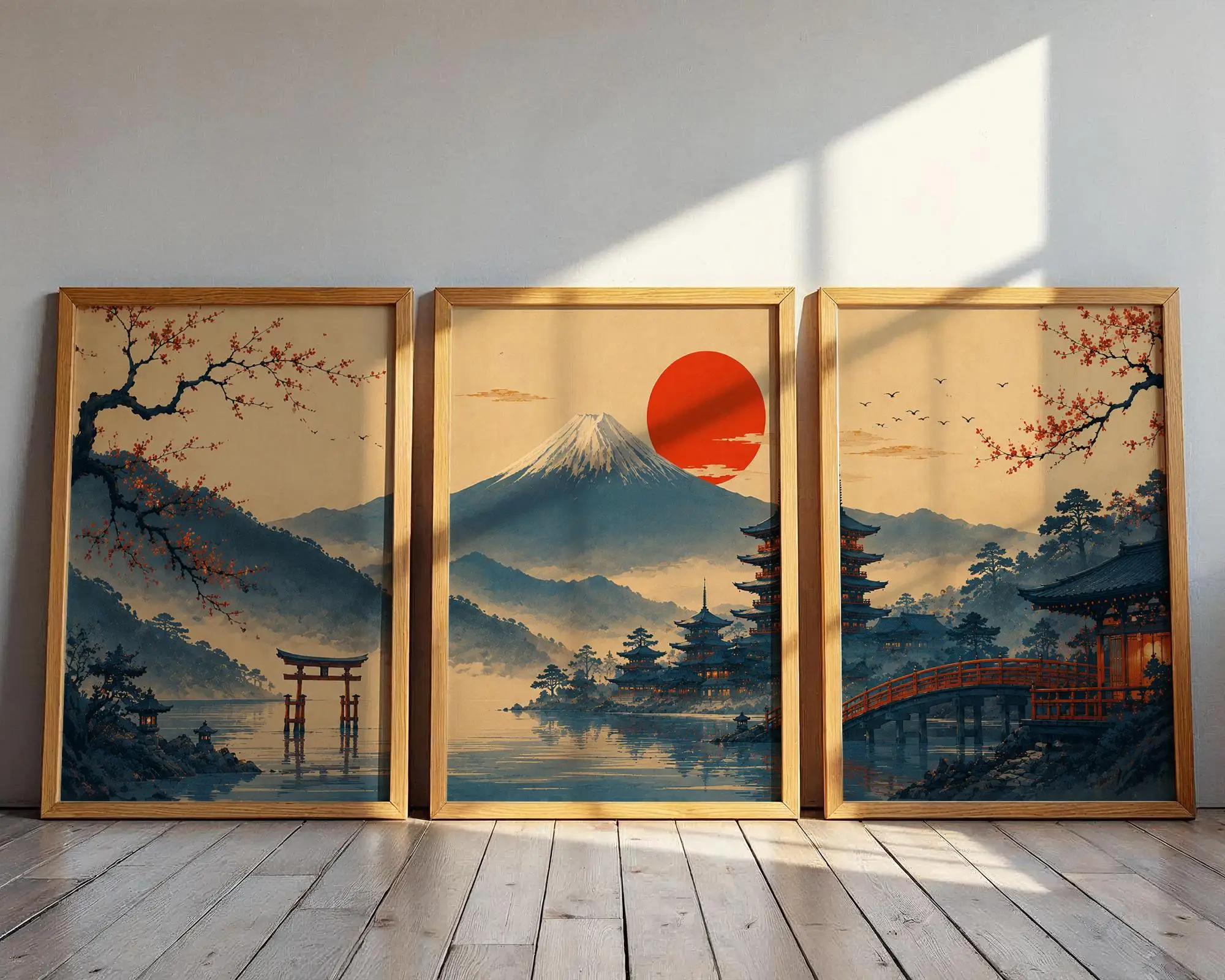 Japanisches Wandkunst-Set mit 3 Bildern, Mount Fuji Torii Gate Pagoden-Drucke, Vintage Ukiyo-e Poster, Kirschblüten-Dekor, Asiatisch Inspiriertes Geschenk