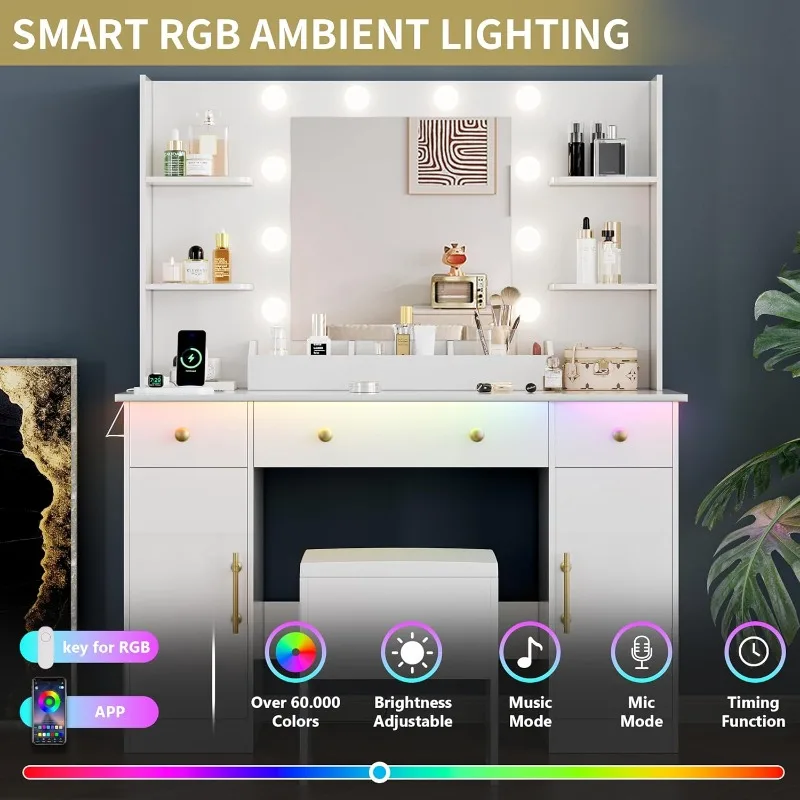 โต๊ะเครื่องแป้งพร้อมกระจกและไฟ ชุดโต๊ะเครื่องแป้งแต่งหน้าสีขาว 43 นิ้ว พร้อมลิ้นชักและเก้าอี้ 5 ลิ้นชัก ปลั๊กไฟ 3 โหมดแสงสว่าง