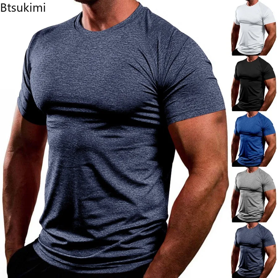 

New 2025 Summer Men's Fitness Sport T-shirt Solid Color Slim Top for Men Breathable Quick Dry Casual Loose Short Sleeves Male