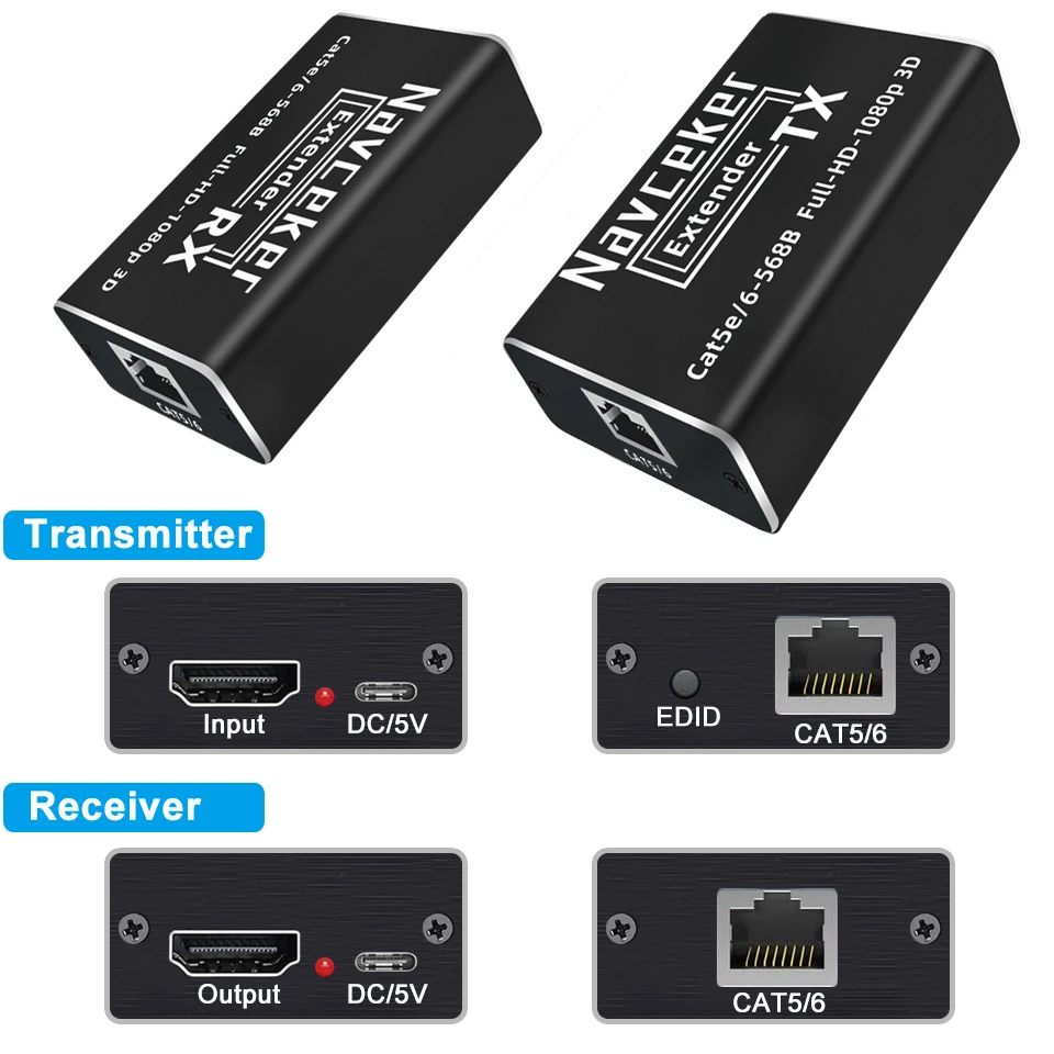Navceker 60m HDMI Extender POC 1080P 3D HDMI Extender No Loss EDID RJ45 to HDMI Extender Transmitter Receiver over Cat5e/Cat6 - Image 6