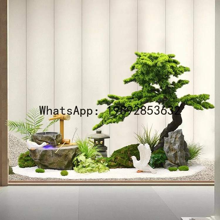 CZ Indoor Landscape Decoration Piece with Recirculating Water  Courtyard Tea Room Welcoming Pine Green Plant Flowing Water