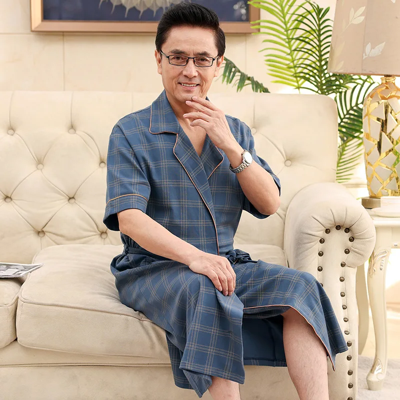 Men's Cotton Short Sleeved Robe Nightgown Simple Checkered Bathrobe Kimono Large Size Sleepwear High Quality Yukata Loungewear