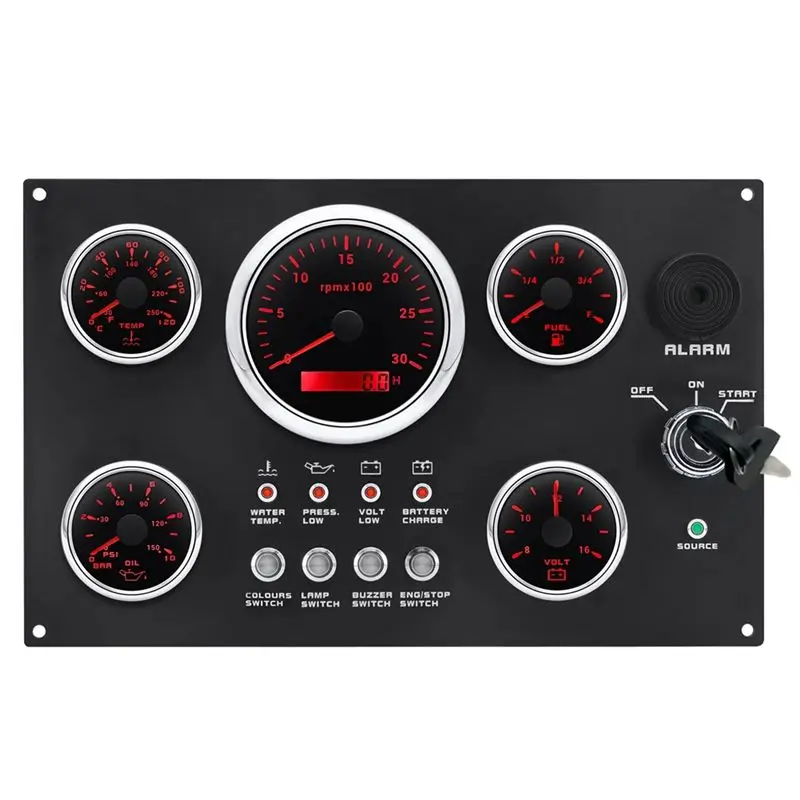 Excellent-LED Gauge Set With Instrument Switch Panel Water Temp+Fuel+Oil Press+Voltmeter+ Tachometer For Marine Boat Car