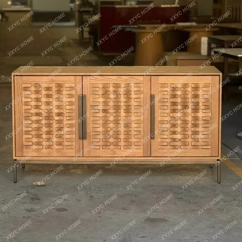 XX medieval black solid wood woven dining side cabinet, modern simple living room, wall locker