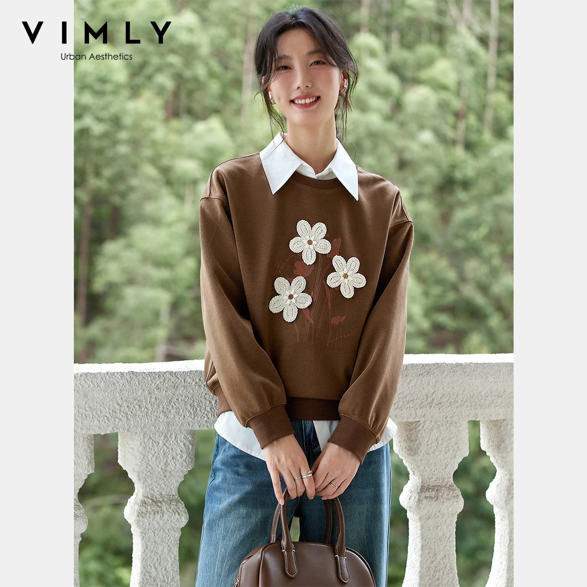 

VIMLY Brown Sweatshirt Women Autumn 2025 Casual Floral Print Long Sleeve Tops for Woman Loose Round Neck Ladies Sweater A2511