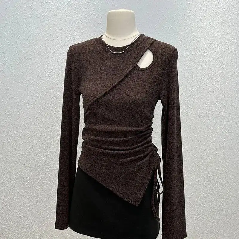 

Женская футболка с длинными рукавами и плечами в стиле ретро, модная, стильная, с выдолбленной и универсальной основой, уникальный шнурок