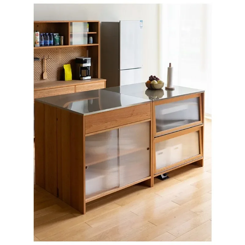 #Home Combined island kitchen stainless steel plate solid wood sideboard, telescopic table, integrated storage bar