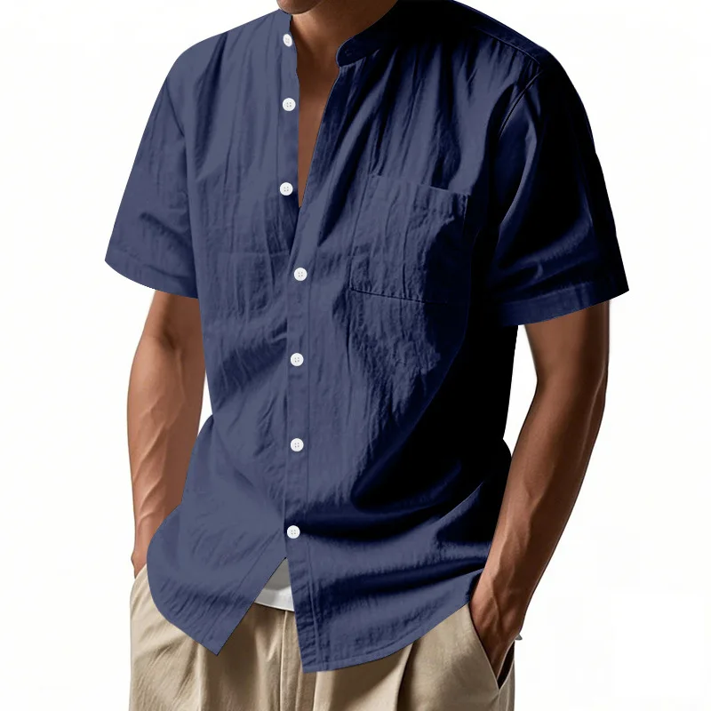 Loose Men's Summer Linen Open Cardigan Casual Short Sleeve Stand Collar Beach Shirt Comfortable Breathable Lightweight