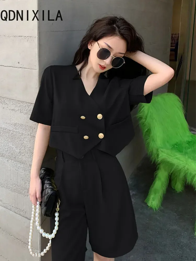 2024 Women\'s Summer Suit Short Sleeve Wide Leg Pants Set Fashion Small Fragrance Casual Shorts Two Piece Sets Womens Outifits