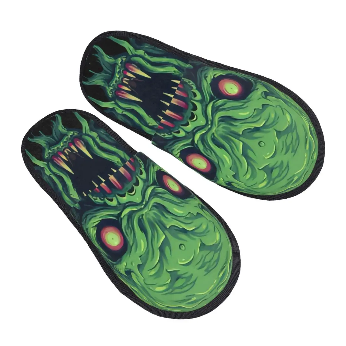 

Winter Women Men Non-Slip Flat Slippers Green Cthulhu Octopus With Tentacles And Teeth Indoor Fur Soft Warm Shoes