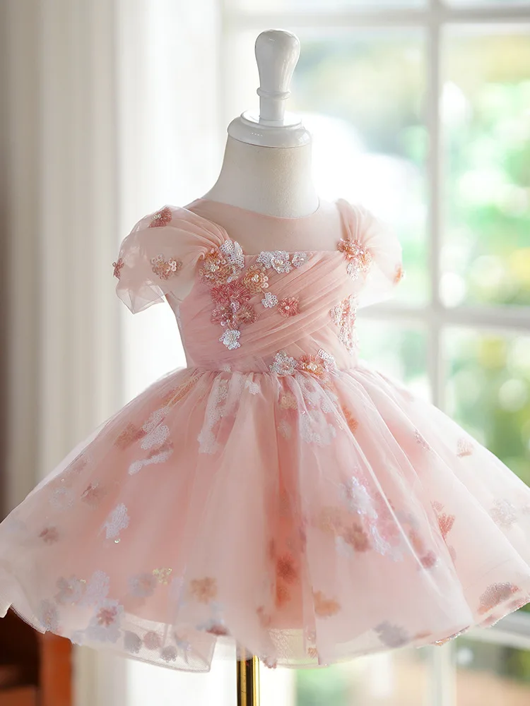 Robe Tutu de Princesse pour Petite Fille, Tenue de Soirée à Fleurs, Paillettes, Perles, Rose Aviation, pour Enfants