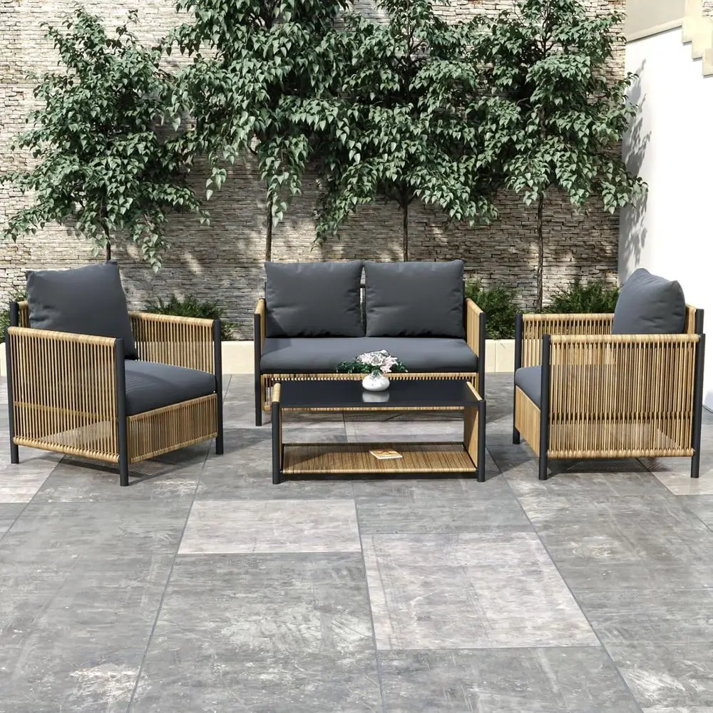 

4-Piece Outdoor Wicker Sofa Set with Coffee Table and Cushions, Weather-Resistant for Patio, Garden, Backyard - Brown & Grey