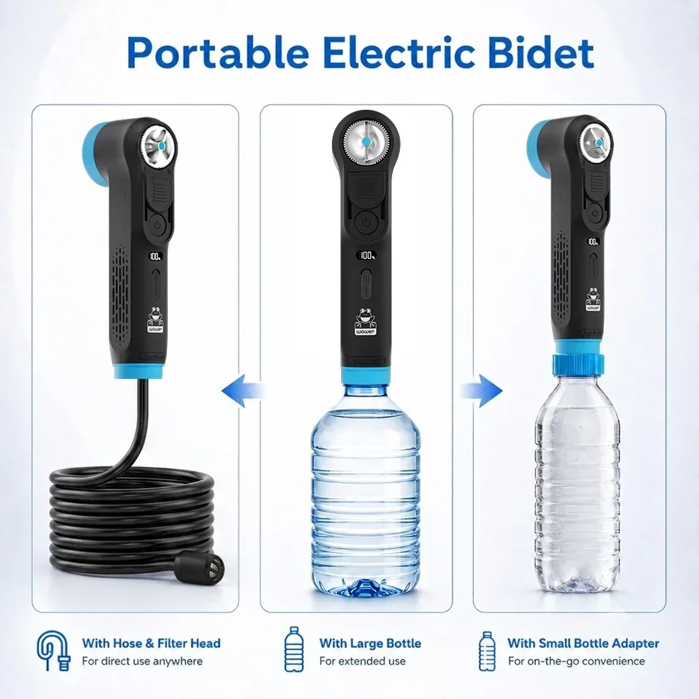 Przenośny bidet elektryczny 2 w 1, spryskiwacz do toalety z baterią 1600 mAh, ekranem LED i 2 prędkościami, idealny na kemping, podróże i do kamperów.