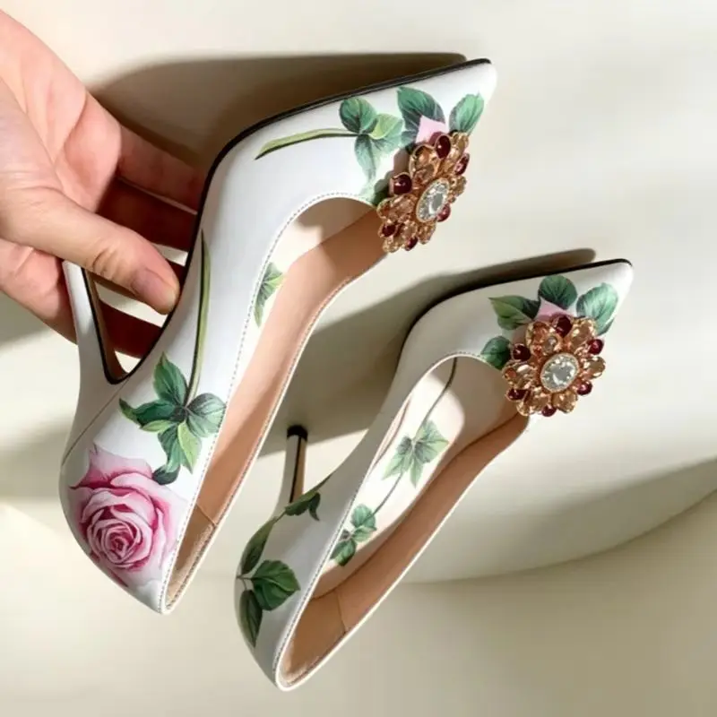 White Floral Print Pointed Toe High Heels Shoes Rhinestone Crystal Decor Stiletto Heeled Wedding Banquet Party Shoes