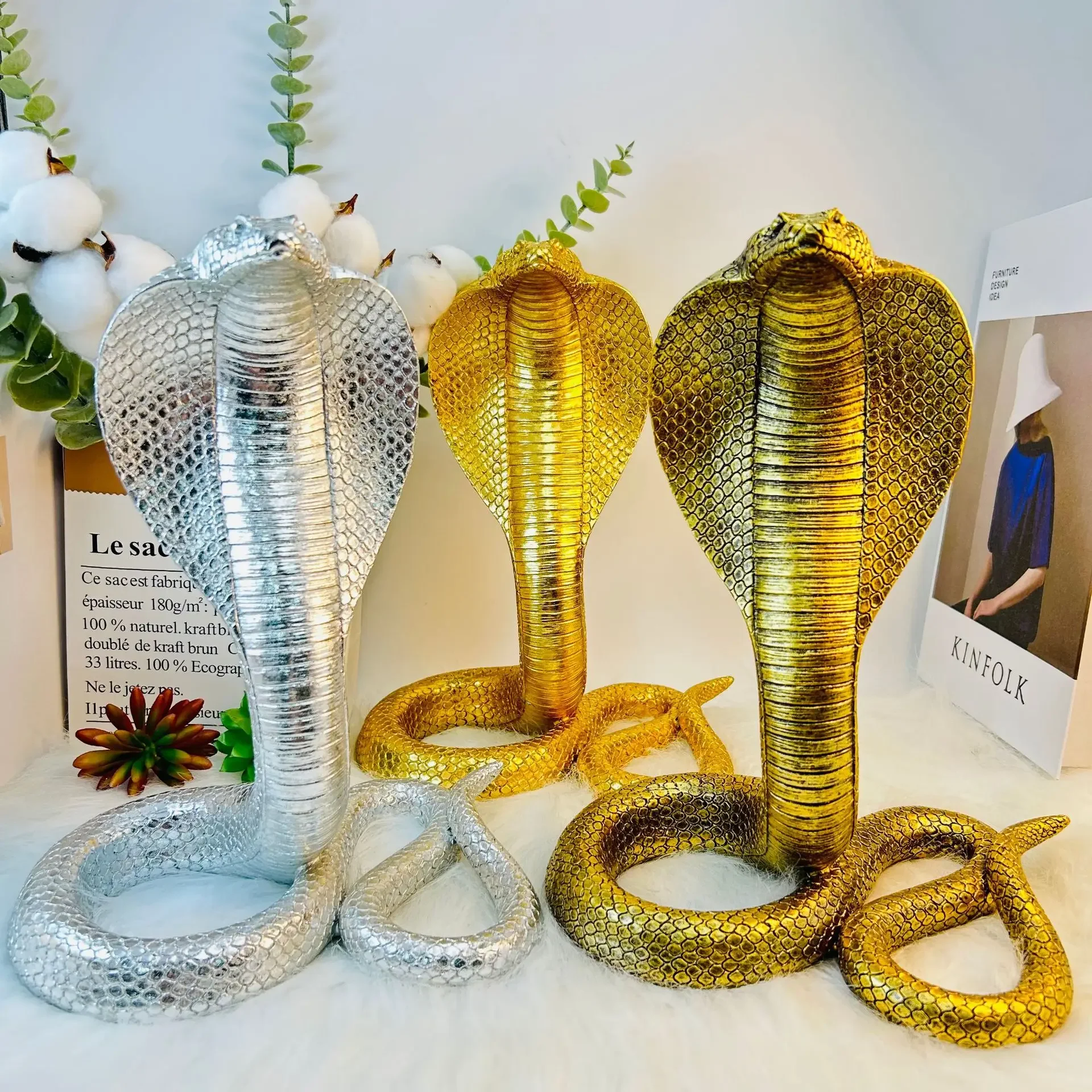 

2025 Year Of The Snake Figurine Simulation Electroplated Cobra Ornaments Resin Statue Chinese Style Tabletop Lucky