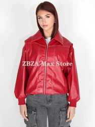 Woman's Oversized Splicing PU Bomber Jacket Coat Lapel Long Sleeves Zip Closure Faux Leather Jacket New Female Vintage Outerwear