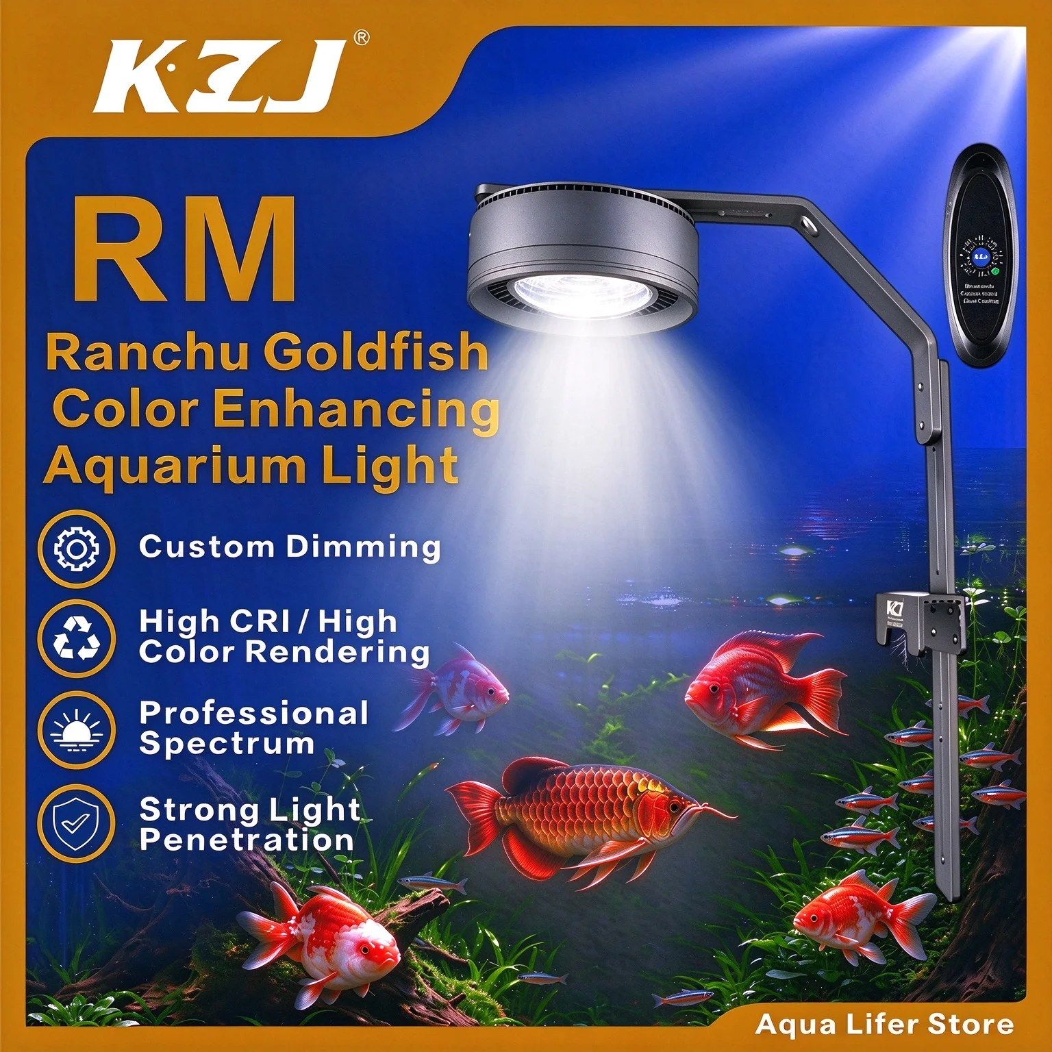 KZJ RM Series LED Aquarium Light for Oranda Goldfish, Full Spectrum, Color Enhancing, with Bracket Included