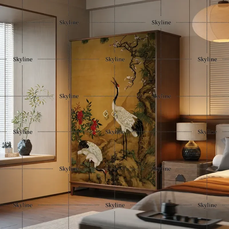 Medieval Style Crane Pattern Solid Wood Wardrobe with Zen Metal Handle Art Painting Bedroom Locker for Opposite Door