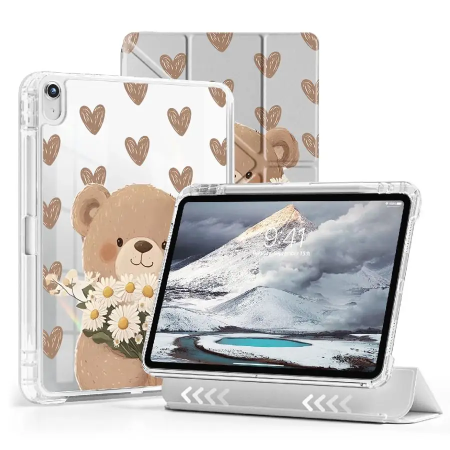 

Милый чехол-держатель с мультяшным медведем для планшетов iPad 11-го, 10-го, 9-го, 8-го, 7-го поколений, 12.9 дюймов, Air 4, 5, M3, M2, M4, 11 дюймов, Mini 6, 7, Pro 2025