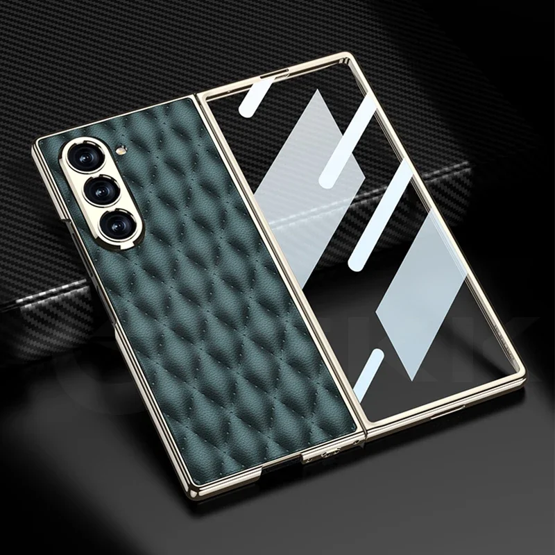 Para Samsung Galaxy Z Fold 6 funda de cuero de diamante de lujo chapado pantalla de cristal cámara cubierta protectora para Galaxy Z Fold6 5 funda
