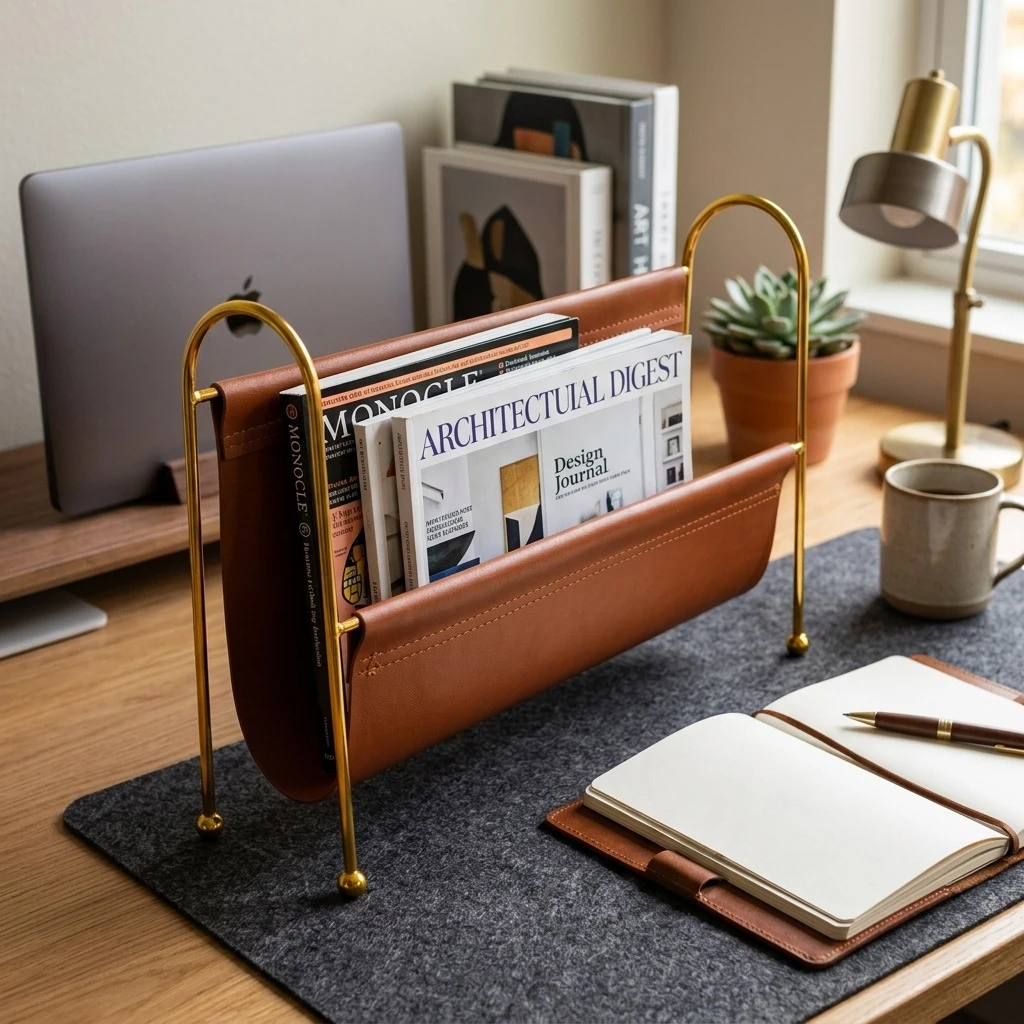Nordic Metal Magazine Rack - Faux Leather Desk Organizer with Gold Frame, Compact Storage for Home Office/Bookshelf Decor