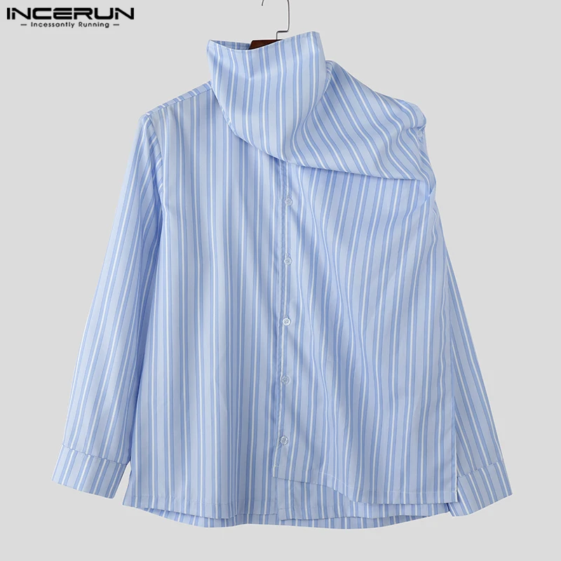 INCERUN Men Blouse Turtleneck Cowl Neck Long Sleeve Button Down Irregular Hem Striped Shirts Party Streetwear Stylish Tops