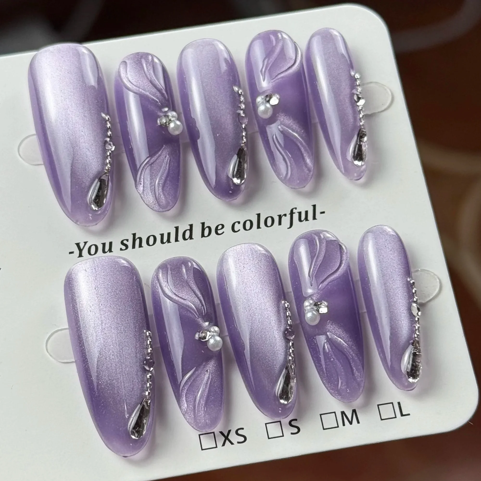 

10pcs high-end Pure and elegant style, hand-painted fish tail, purple cat's eyes, fine sparkling diamond handmade fake nails